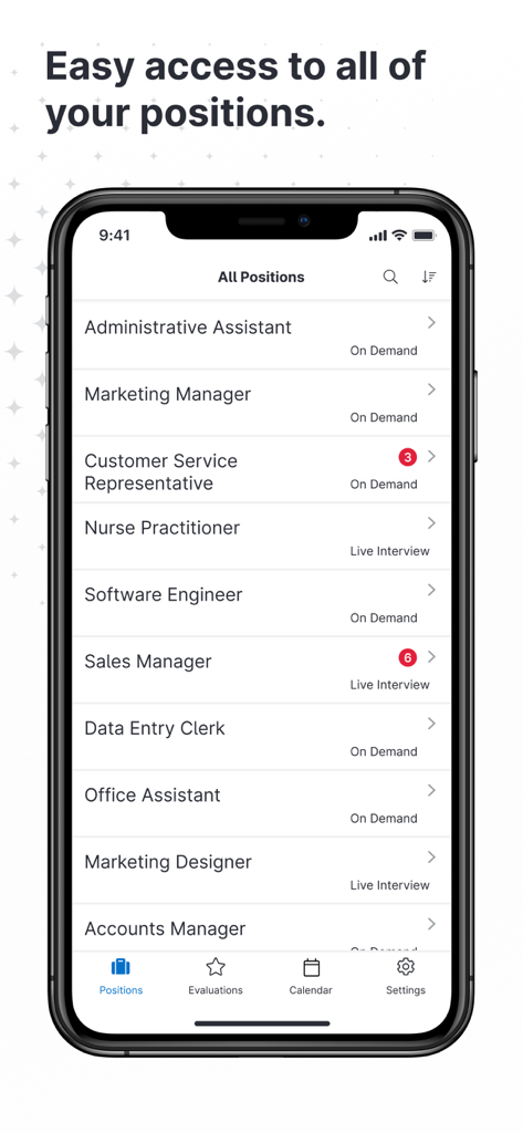 HireVue for Recruiting - iPhone screen showing the HireVue for Recruiting app with a list of open job positions like Marketing Manager and Software Engineer