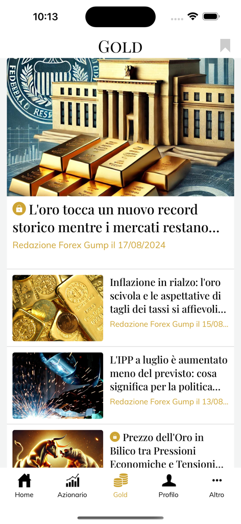 Une interface d'application mobile de Forex Gump News montrant un flux d'articles sur les prix de l'or et les tendances financières.