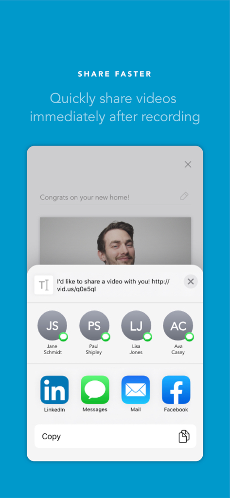 BombBomb - BombBomb app screenshot showing options to quickly share a recorded video via LinkedIn Messages Mail and Facebook