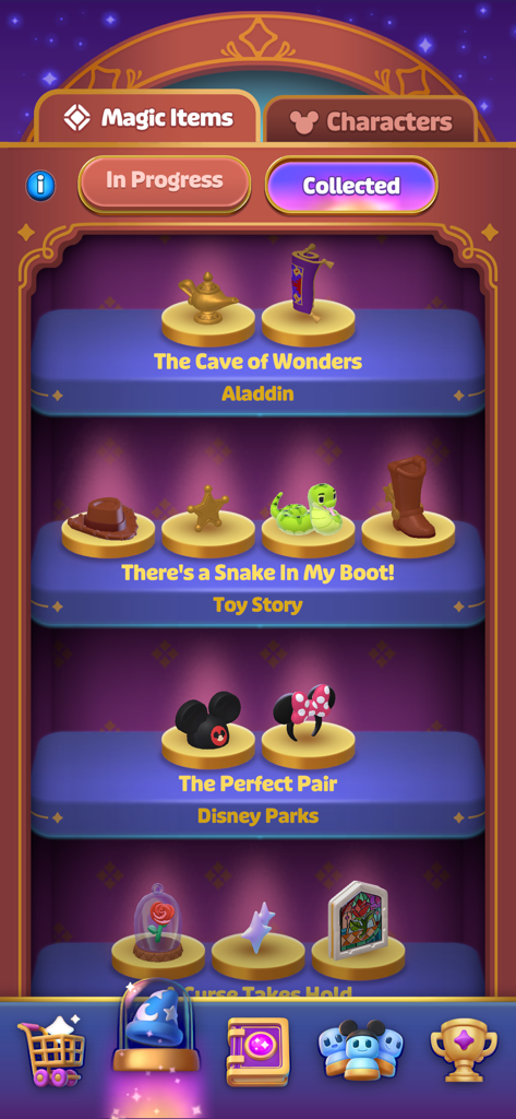 Disney Magic Match 3D - Pantalla de colección de Disney Magic Match 3D mostrando objetos icónicos de Aladdin y Toy Story