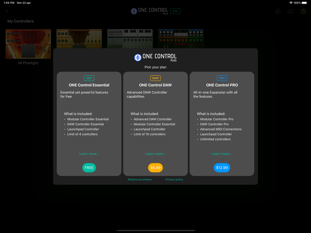 ONE Control Plus - Planos de preços para o aplicativo ONE Control Plus mostrando as opções Essencial, DAW e PRO