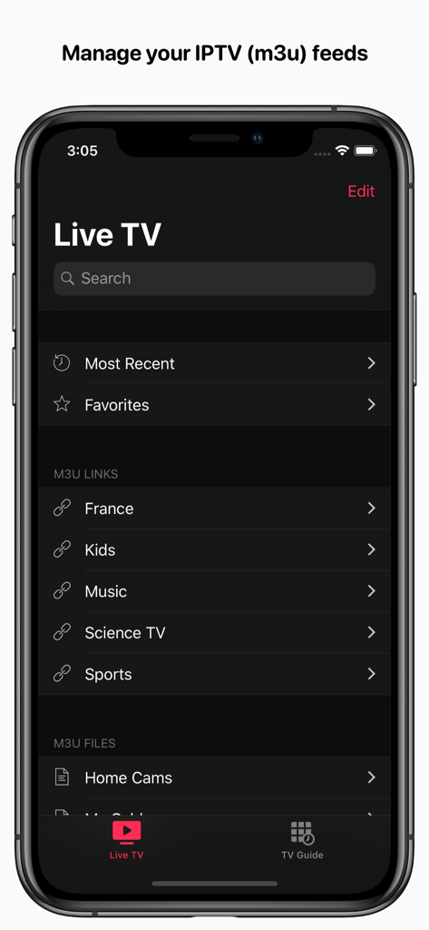 Feedlix TV app displaying organized IPTV M3U channel categories and live television feeds