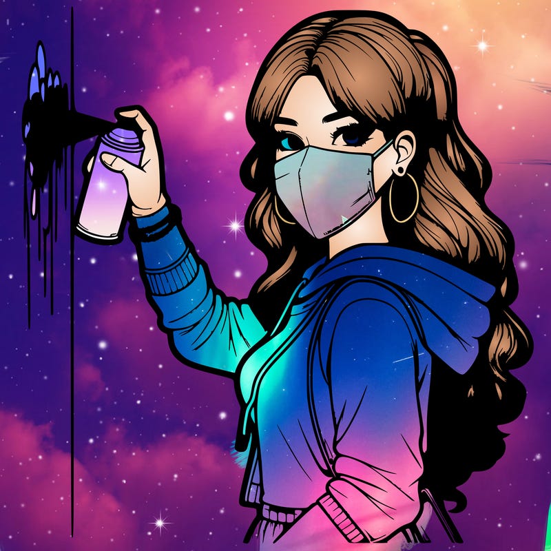 realistic girl with mask spray painting a wall