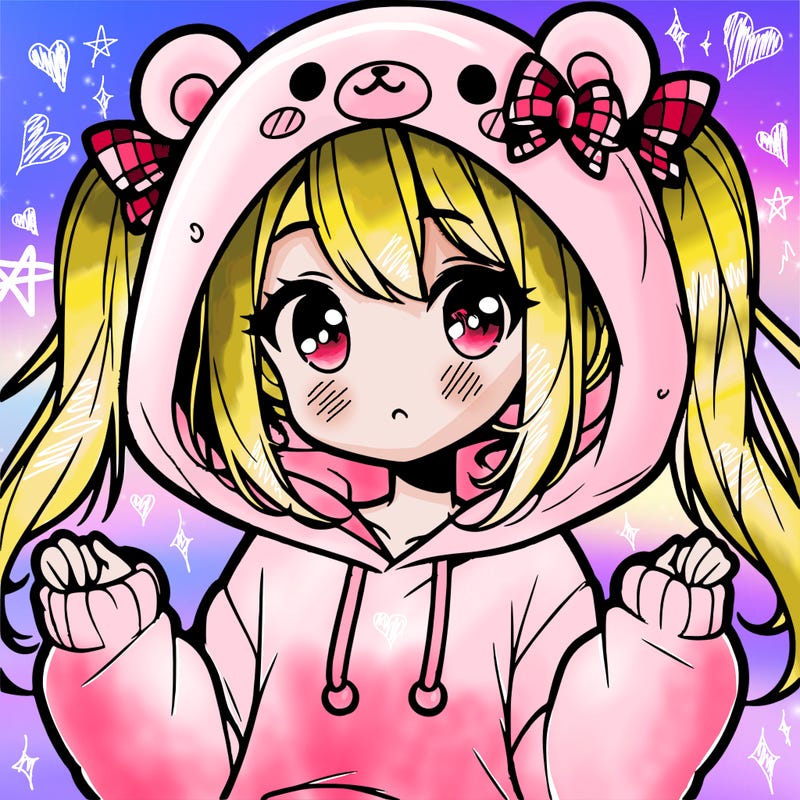 cute anime girl with ponytails and a cute bear hoodie