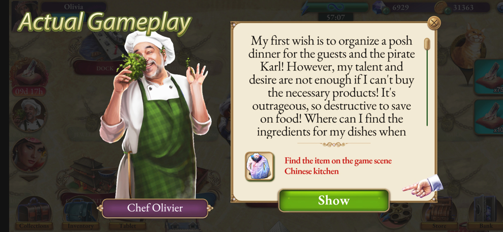 Secrets of Paris Hidden Object - Actual gameplay screenshot of Secrets of Paris featuring character Chef Olivier and a quest dialogue box about a dinner party