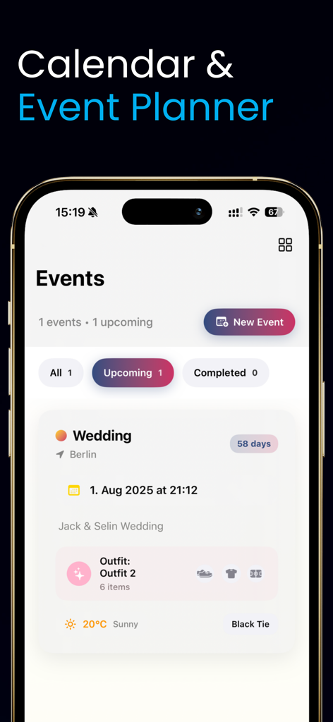 Closet & Outfit Organizer - A digital event planner screen showing a scheduled wedding outfit with details like date, location, weather, and dress code.