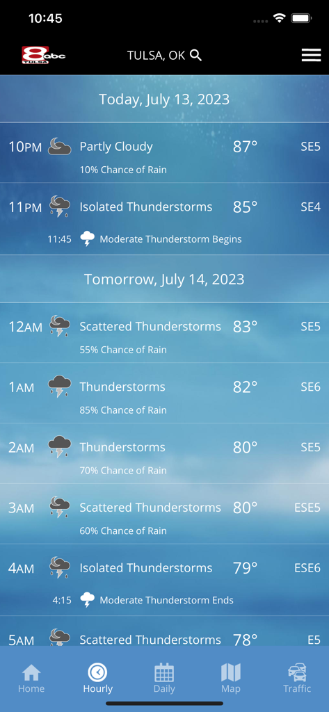 KTUL WX - Hourly weather forecast for Tulsa Oklahoma on the KTUL WX mobile app showing thunderstorm alerts and temperatures.