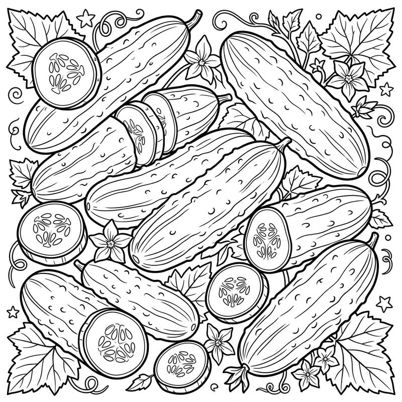 Explore the refreshing world of cucumbers with this beautifully detailed coloring page. Featuring an abundant harvest of whole and sliced cucumbers, along with delicate leaves and flowers, it's perfect for a relaxing and creative escape.