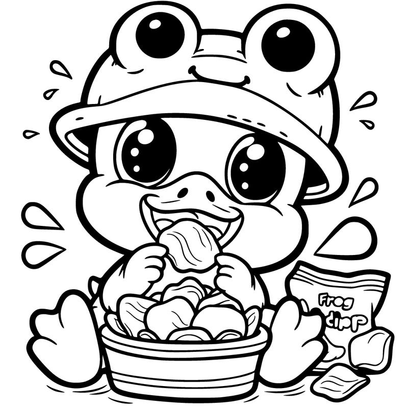 duck with a frog hat eating chips