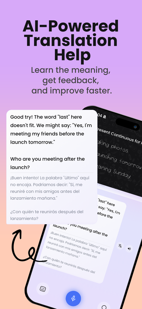 Schermata dell'app Enverson AI che mostra aiuto con la traduzione e feedback sulla grammatica in tempo reale