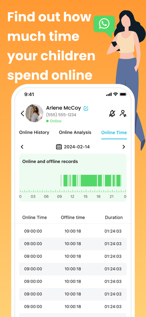 WspSeen-Last Seen Tracking App - WspSeen app screen showing detailed WhatsApp online and offline activity logs with a timeline chart for parental monitoring
