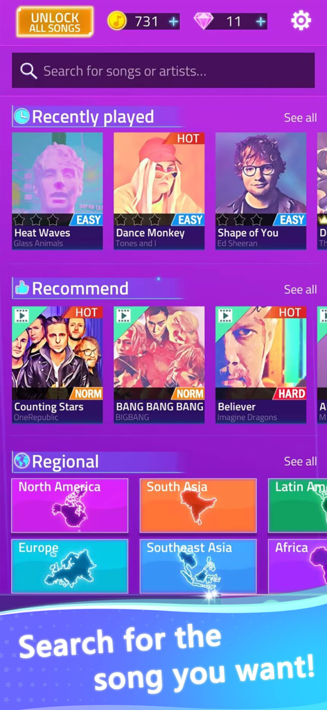 Magic Beat Piano - EDM Tiles - Magic Beat Piano EDM Tiles app interface showing a library of popular songs and regional music categories