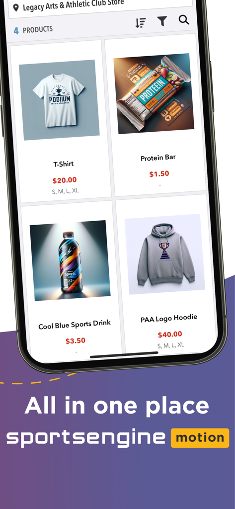 SportsEngine Motion - Mobile app interface of SportsEngine Motion showing an organization's store with sports merchandise like t-shirts and hoodies
