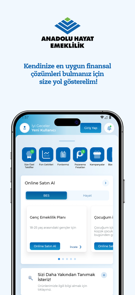 AHE Mobil app home screen displaying private pension and life insurance options.