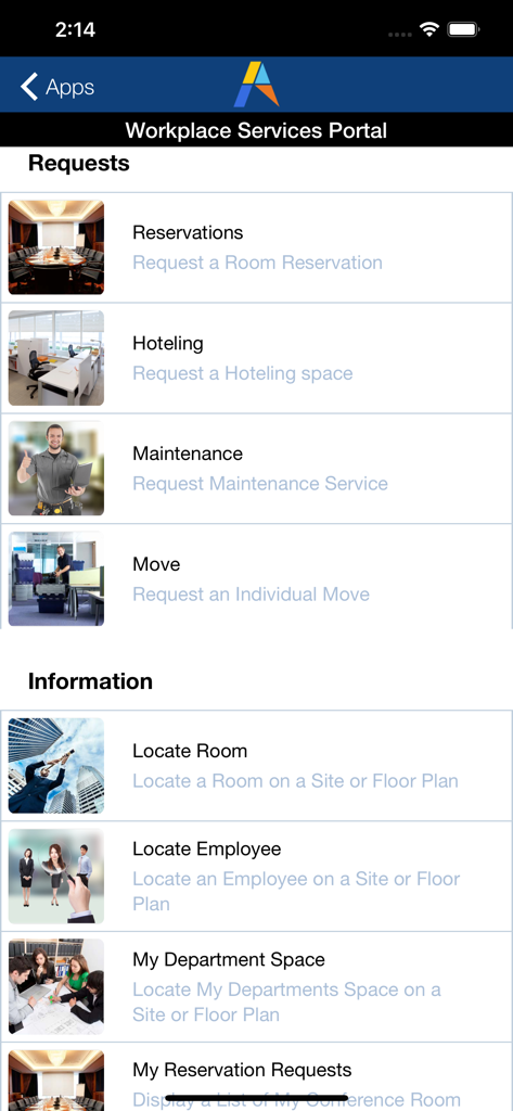 Interfaz de Archibus Mobile Client que muestra el Portal de Servicios de Lugar de Trabajo con opciones para reservas de salas, mantenimiento y búsqueda de empleados.