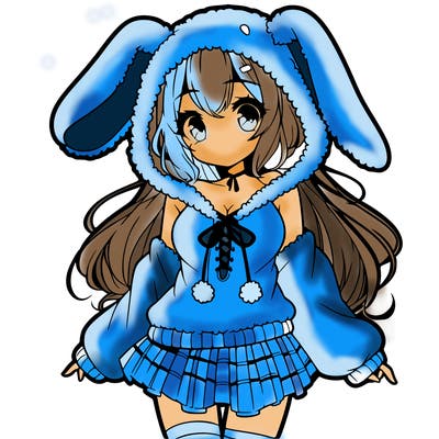pretty anime girl wearing a fluffy hoodie with bunny ears on the hood and a skirt
