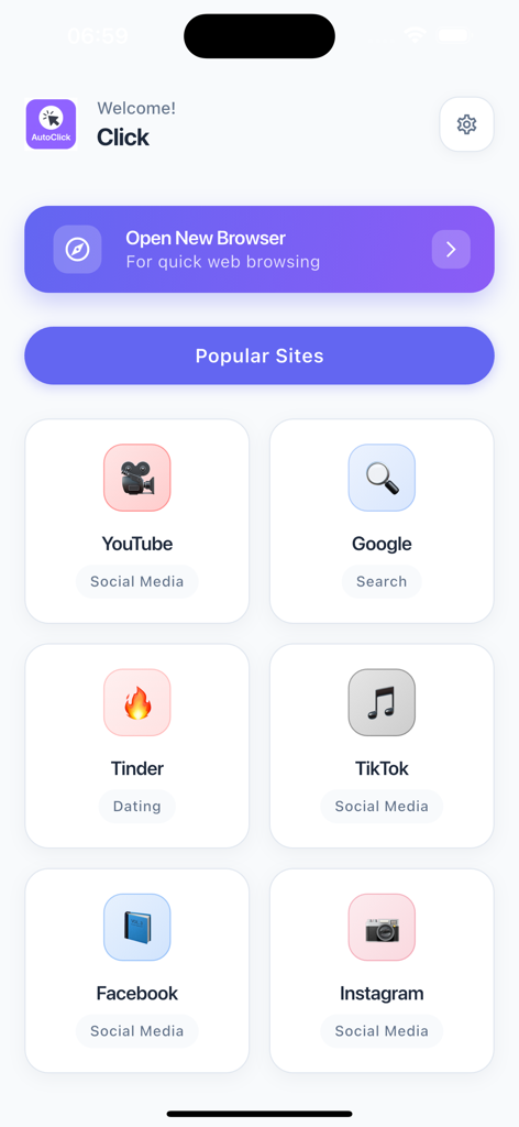 La interfaz de la aplicación AutoClick mostrando una cuadrícula de sitios populares como YouTube TikTok y Facebook para navegación y clics automatizados