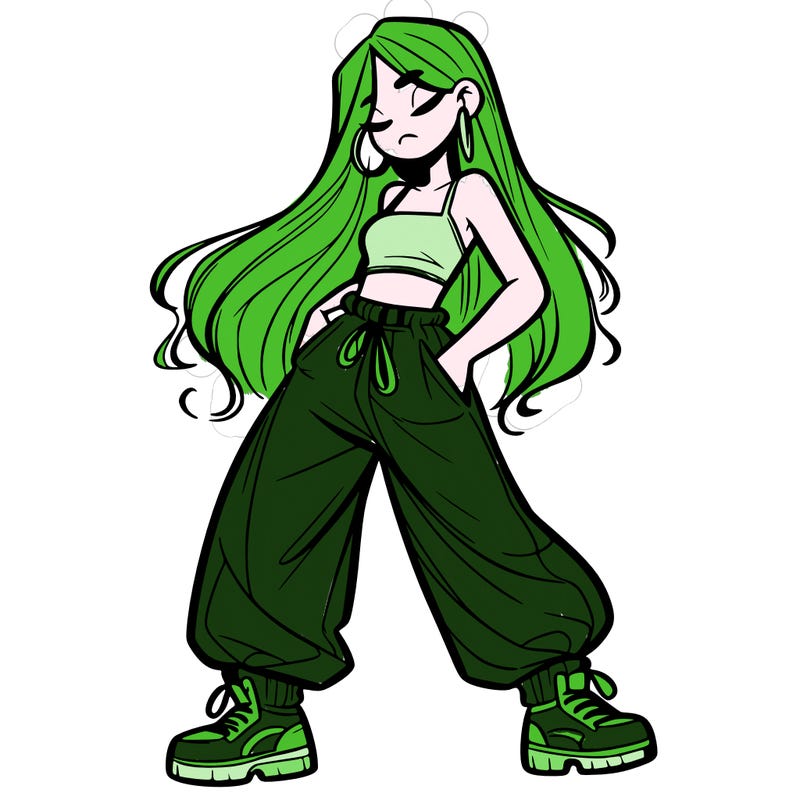 girl in baggy pants crop top and long hair