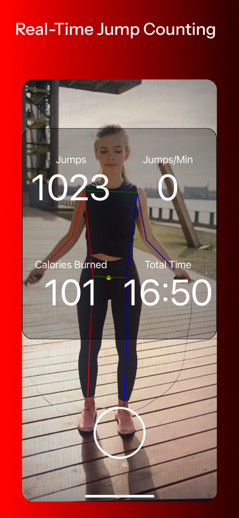 GymCam - Camera Rep Counting - AI-powered real-time jump rope counter displaying jumps calories burned and duration on a workout video