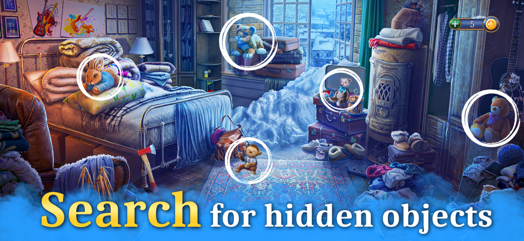 A hidden object game scene showing a cluttered bedroom with snow and circled plush toys to find