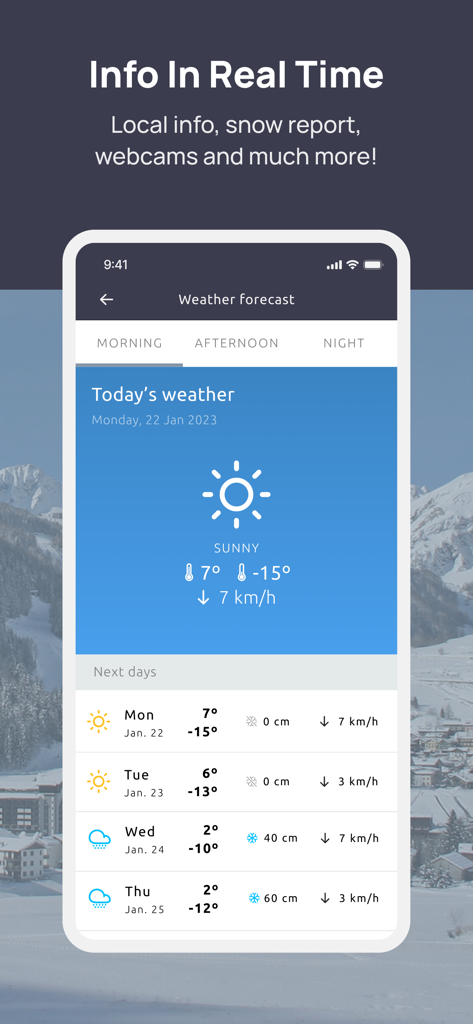 Espace San Bernardo app screen showing real time weather forecast and snow reports
