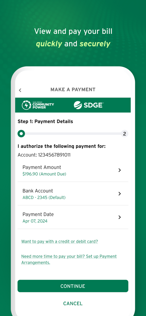 My Energy Center - My Energy Center app screen showing payment details for San Diego gas and electric utility bills