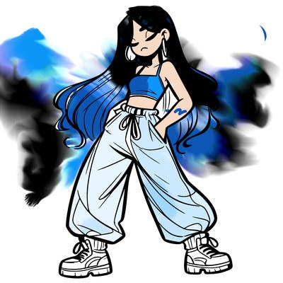 girl in baggy pants crop top and long hair