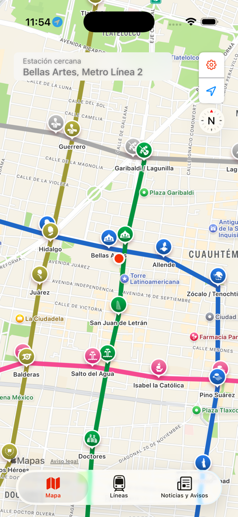 Interface mostrando um mapa interativo das linhas e estações do metrô da Cidade do México