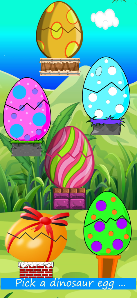 Dinosaur Games For Kids - FULL - Una selección de seis huevos de dinosaurio con patrones coloridos para que los niños elijan y toquen en un menú de juego