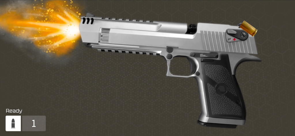 Real Gun - Pistola plateada disparando con destello de cañón en la aplicación Real Gun