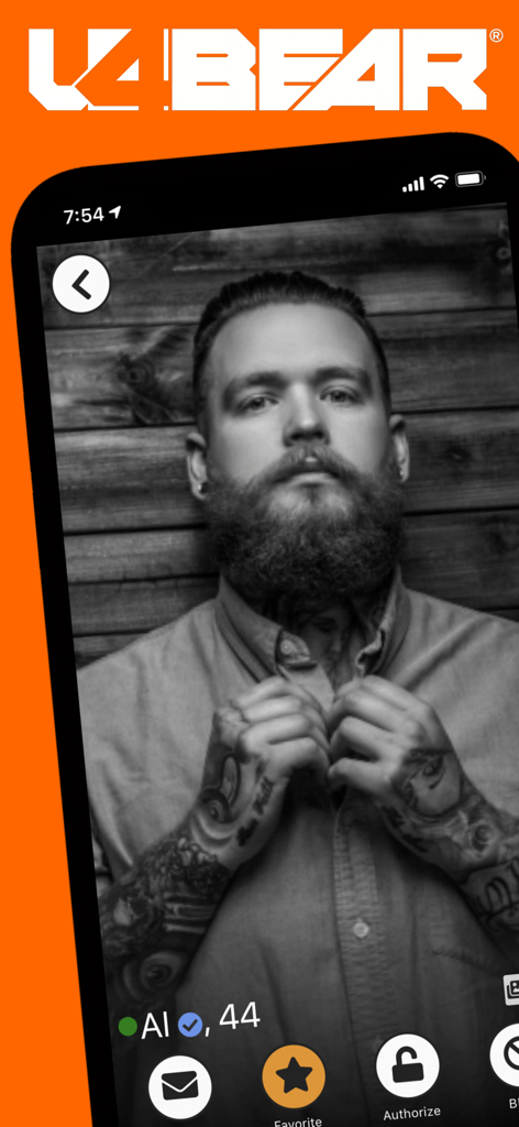 Profil d'un homme barbu sur l'interface de l'application sociale gay u4Bear