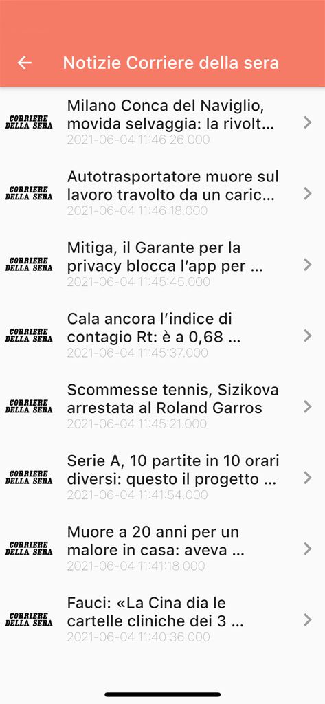 Prima Pagina Quotidiani - A list of Italian news headlines from Corriere della Sera in the Front Page app