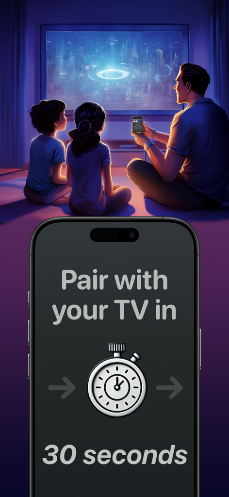 A family watching TV with an iPhone display showing a thirty second pairing timer for the Universo remote app