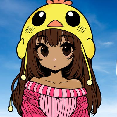 anime girl with chick shaped hat with sweater with bare shoulders with bangs covering them one eye with low tail