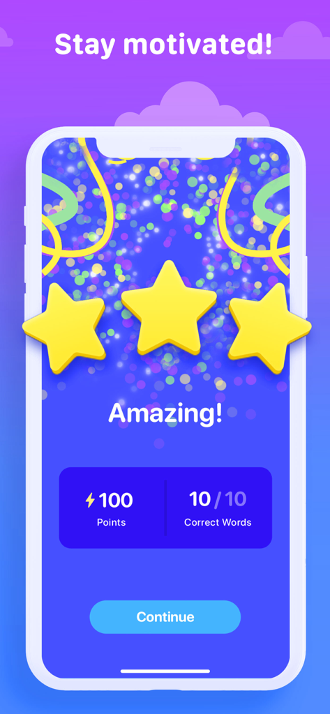 Spelling Bee app reward screen showing a perfect score with three stars and motivational text