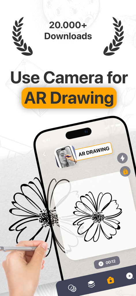 Smartphone screen showing the AR camera interface being used to trace a flower sketch on paper