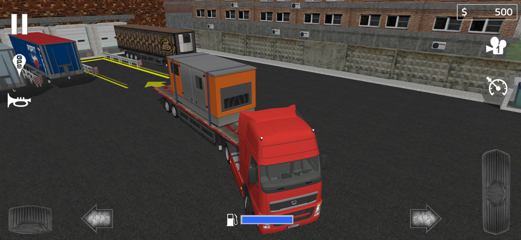 Cargo Transport Simulator - A red semi truck carrying heavy industrial equipment on a flatbed trailer in a logistics area