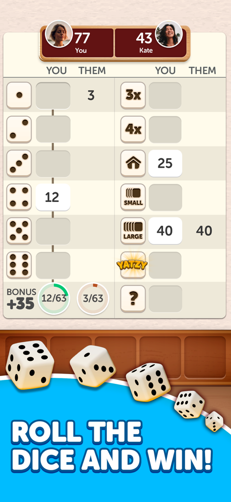 Digital scorecard and rolling dice in Dice Yatzy mobile game