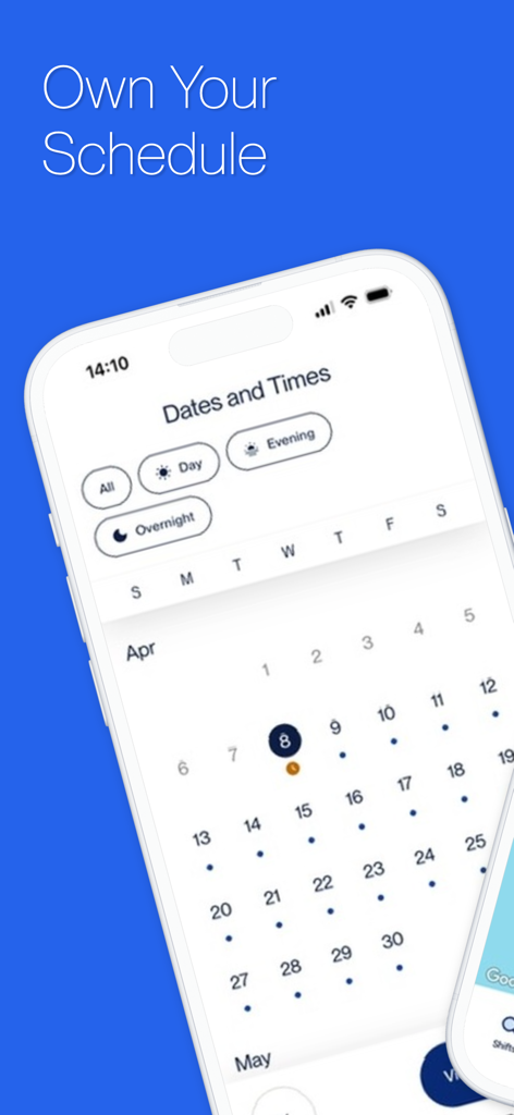 Clipboard Health app monthly calendar screen showing nurse shift filters for day evening and overnight