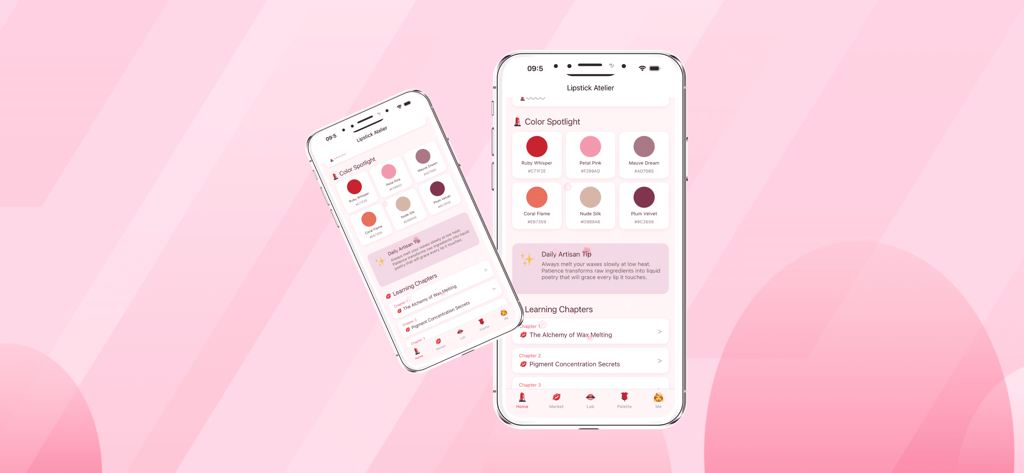 L0ver1 - L0ver1 app interface featuring lipstick color swatches and cosmetic formulation learning chapters