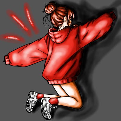 realistic girl jumping with a bun and oversized sweatshirt