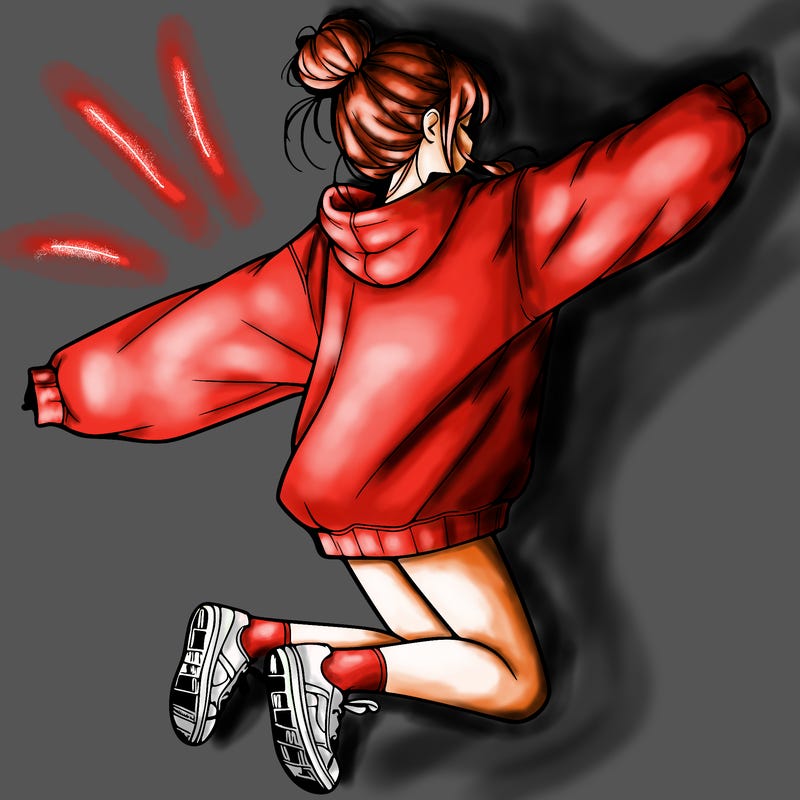 realistic girl jumping with a bun and oversized sweatshirt