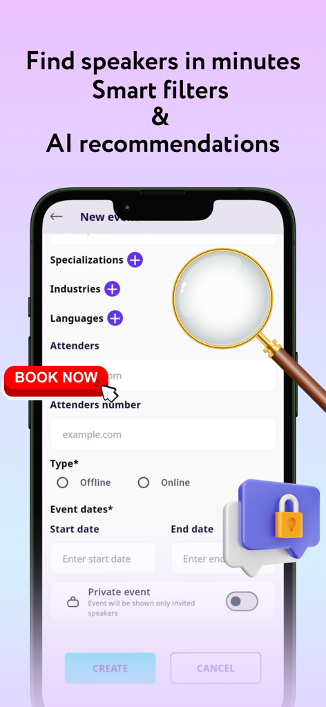 SpeakUp – Find & Book Speakers - SpeakUp app screen showing event creation and smart filters to book speakers