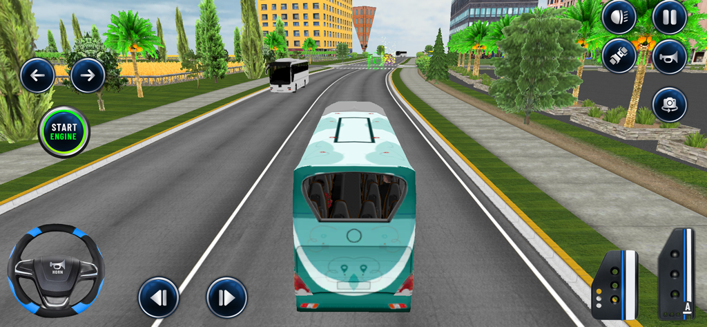 US Coach Bus Driving Games 3D - Autobús de pasajeros color verde azulado conduciendo por un entorno urbano 3D con palmeras y controles de juego visibles