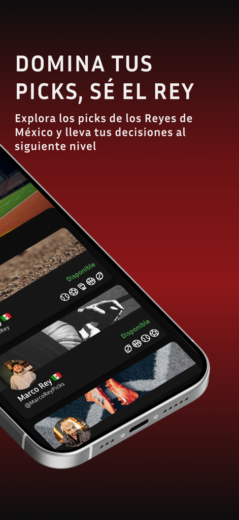 Mobile screen of Los Reyes app displaying sports betting picks and expert tipster profiles