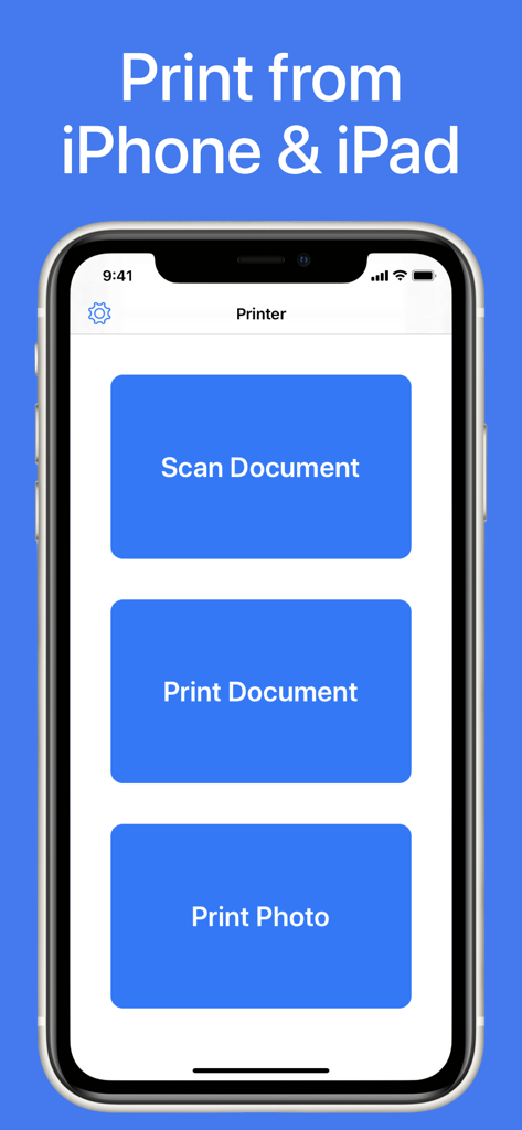 Schermata principale dell'App Stampante su un iPhone con pulsanti per scansiona documento, stampa documento e stampa foto