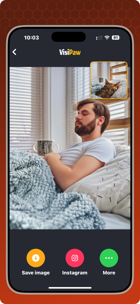 Pet To Human - VisiPaw - AI transformation of a sleeping cat into its human version in the VisiPaw app interface