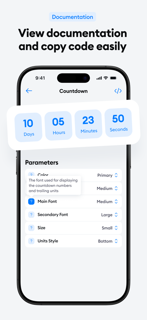 ComponentsKit: develop faster - Écran de documentation ComponentsKit montrant les paramètres personnalisables du composant de compte à rebours