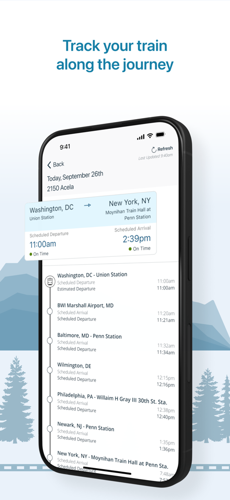 Mobile screen of the Amtrak app showing a real-time train status schedule for a journey from Washington DC to New York