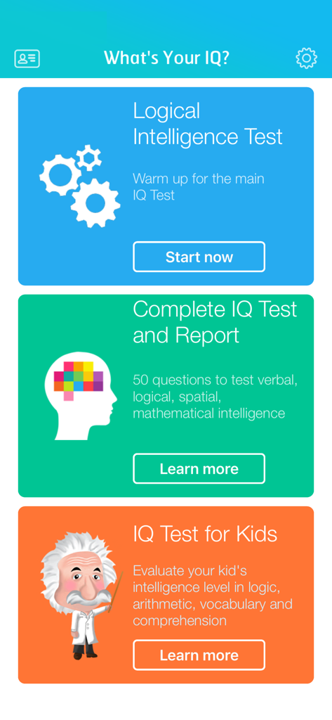IQ Test: Calculate your IQ - Home screen of the IQ Test app showing options for logical intelligence test complete IQ report and IQ test for kids